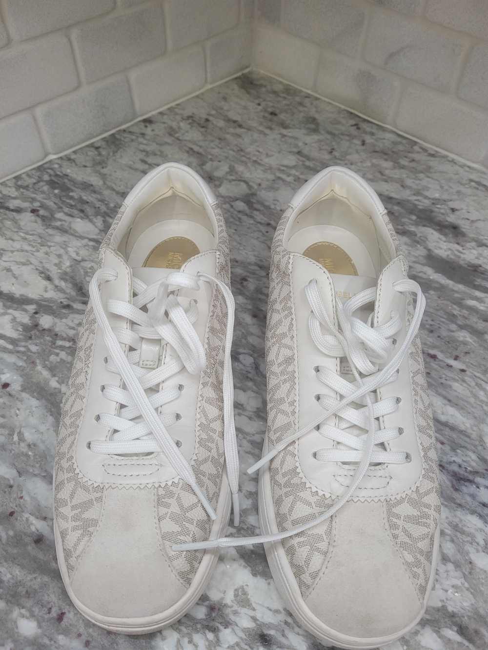 MICHAEL Michael Kors White and Beige Logo-Print Sneakers